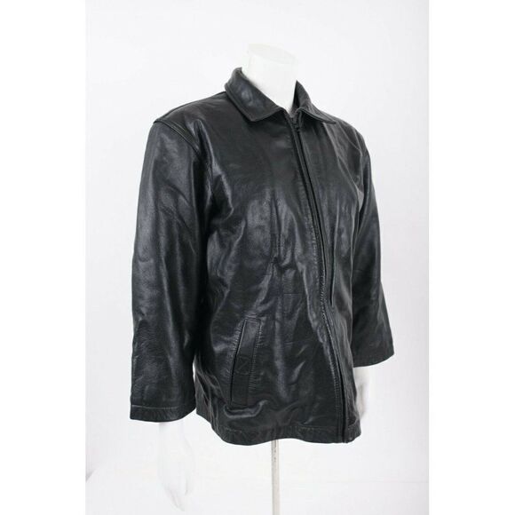 Vintage Gap Womans Black Leather Jacket Coat Size L Full Zip Collared Biker Moto - Picture 5 of 6